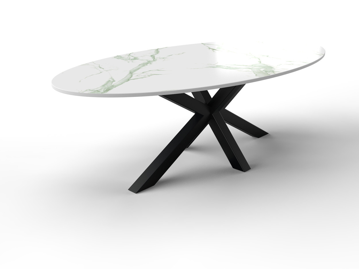 Individualiteit Traditioneel rust Ovale marmeren tafel gemaakt van Dekton met stalen onderstel - Tuintafels